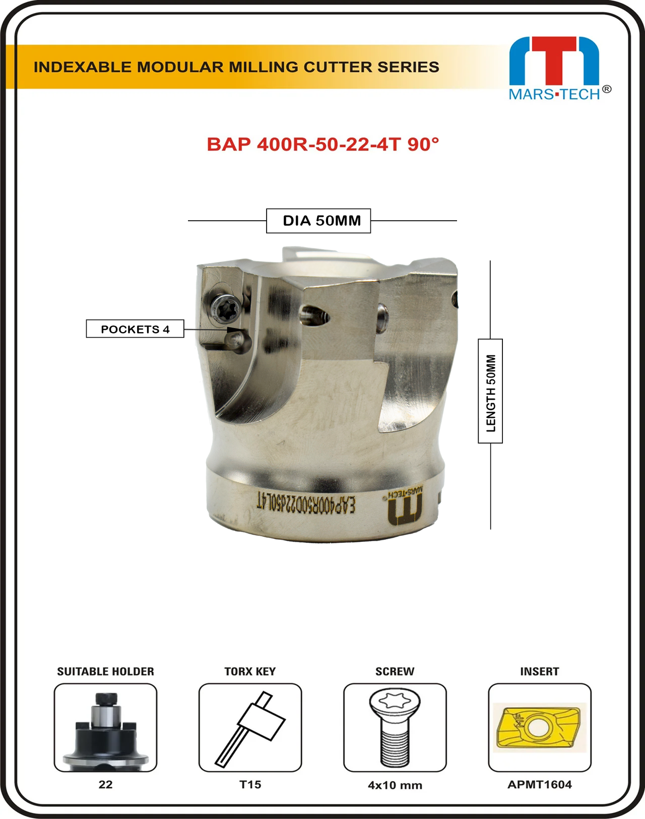 BAP400R-50-22-4T Face Milling Cutter Dia 50 Modular Type Suitable To APMT1604 Insert Bull Cutter