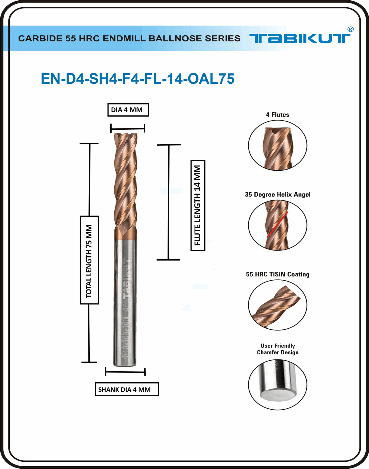 4mm Carbide Endmill 60 HRC 4 Flutes