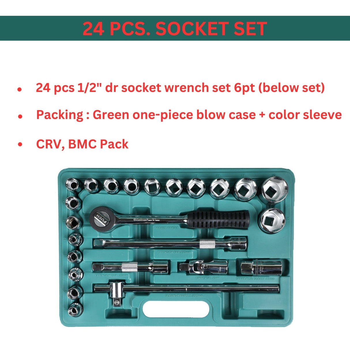 Half Inch Square Socket Set | Chrome Vanadium Steel| 24 Pcs Set E624BM