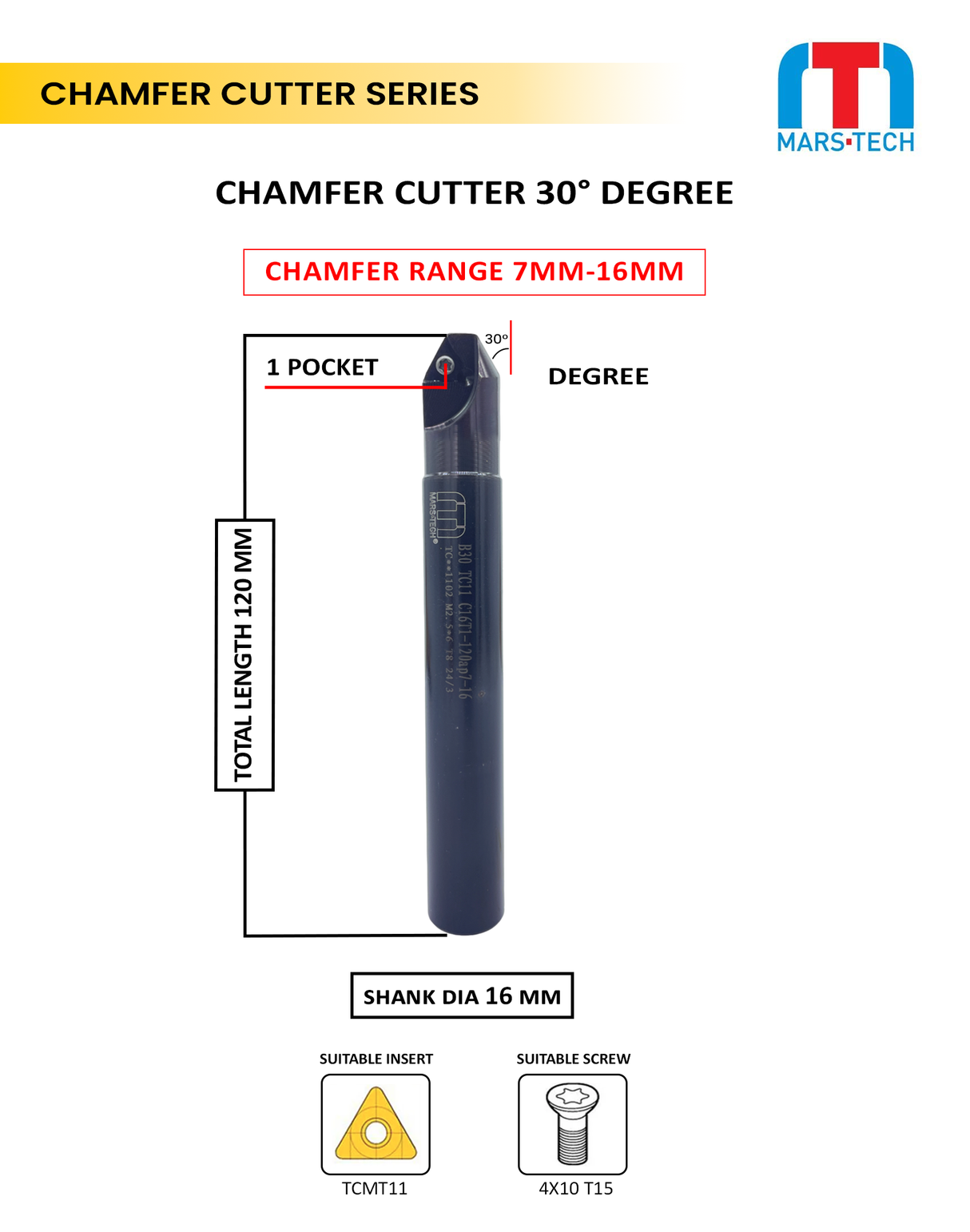 30 Degree Chamfer 7-16 mm 120 long pack of 1