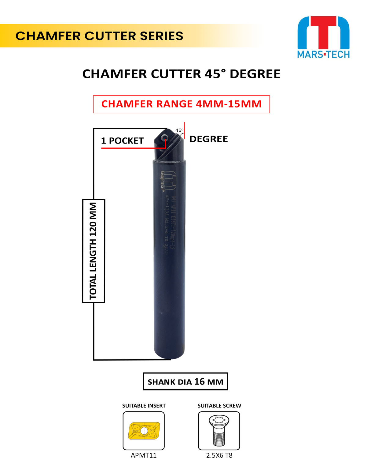 APMT11 OTHER EDGE Chamfer Cutter 45 Degree 4-15 mm 120 long pack of 1