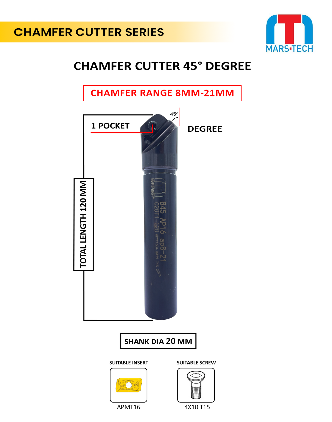 APMT16 OTHER EDGE Chamfer Cutter 45 Degree 8-21  mm 120 long pack of 1