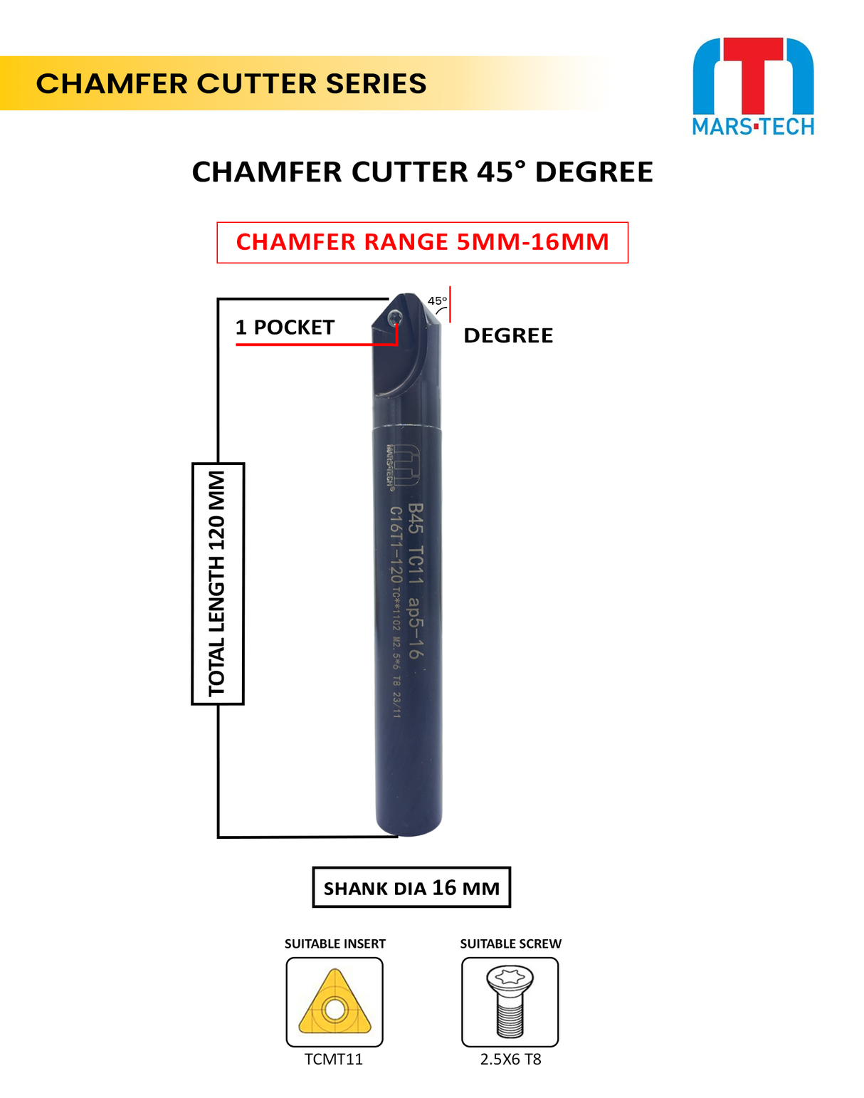 45 Degree Chamfer 5-16 mm 120 long pack of 1