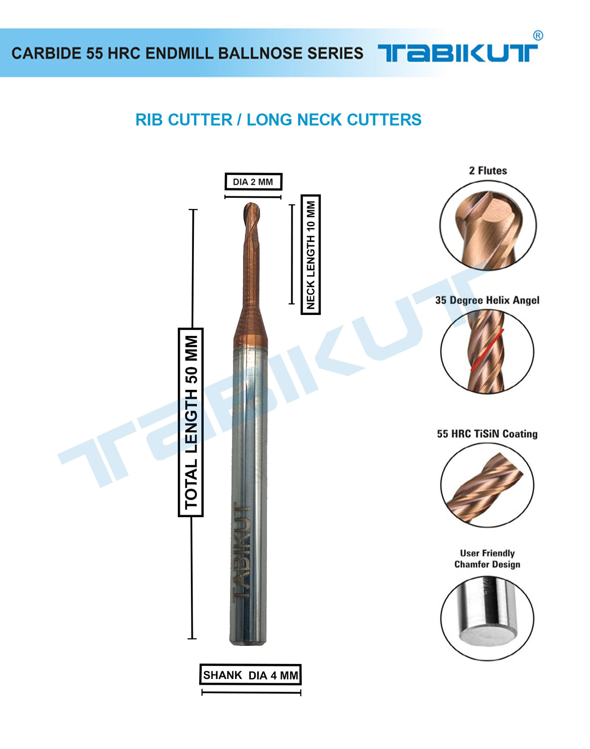 Rib Cutter ballnose 2 mm- 2 flute 55 hrc pack of 1