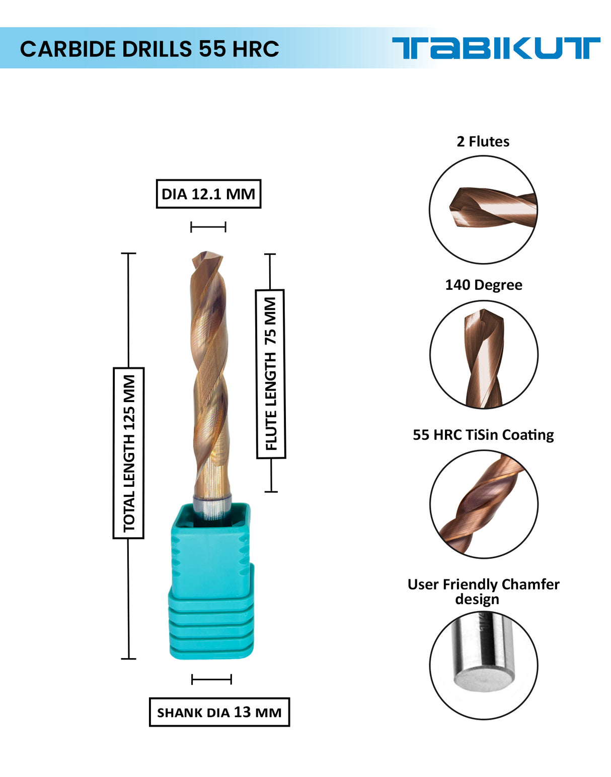 Tabikut drill 12 mm ,12.1 mm ,12.5 mm pack of 1 (1 piece as per size choosen ) (Copy)