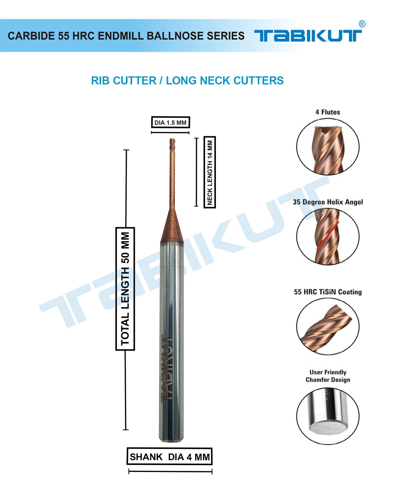 Rib Cutter endmill 1.5 mm- 4 flute 55 hrc pack of 1