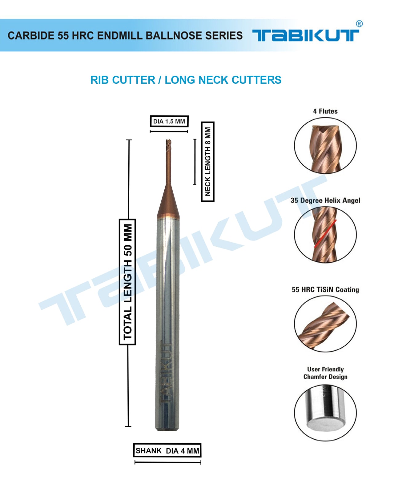 Rib Cutter endmill 1.5 mm- 4 flute 55 hrc pack of 1