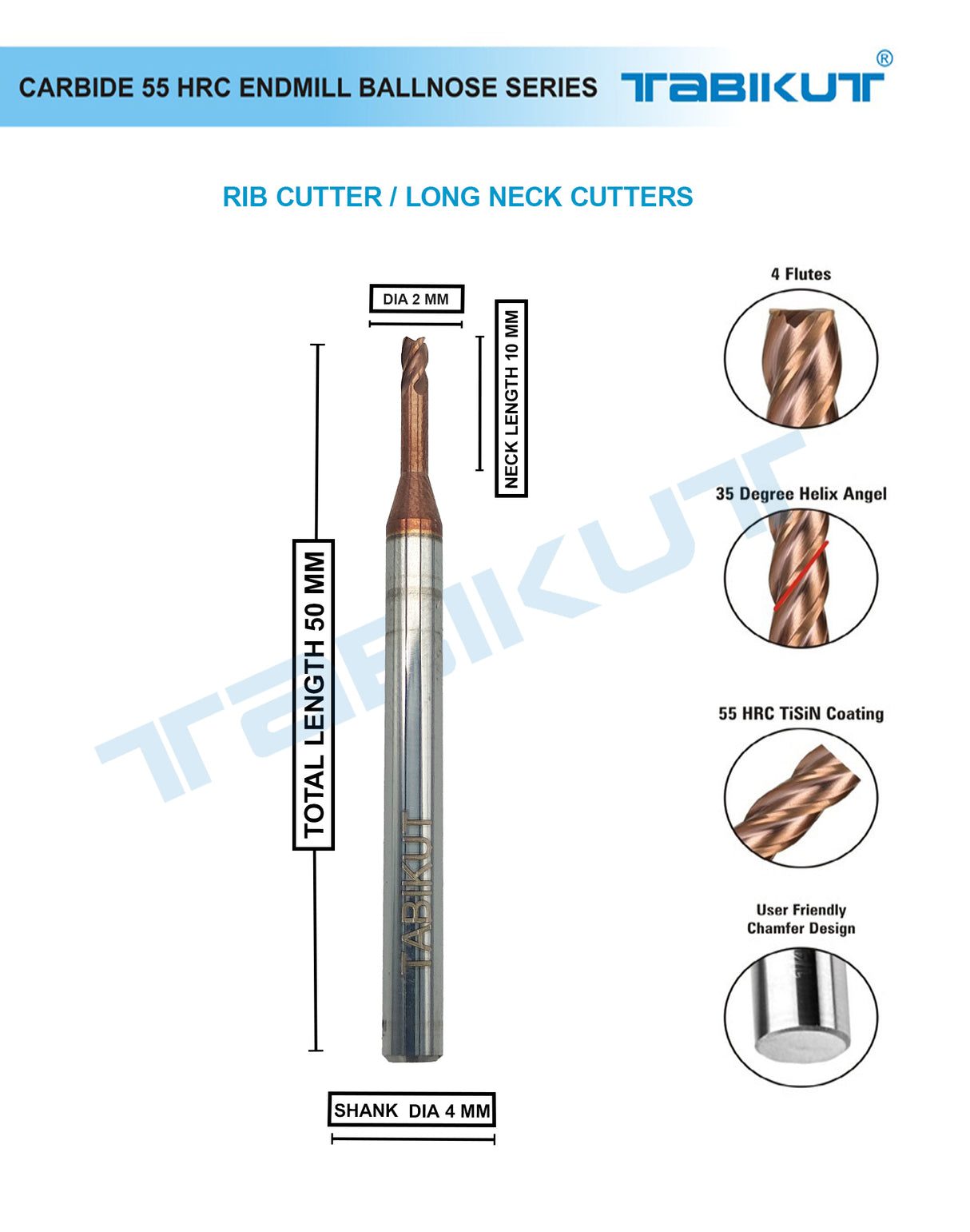 Rib Cutter endmill 2 mm- 2/4 flute 55 hrc pack of 1