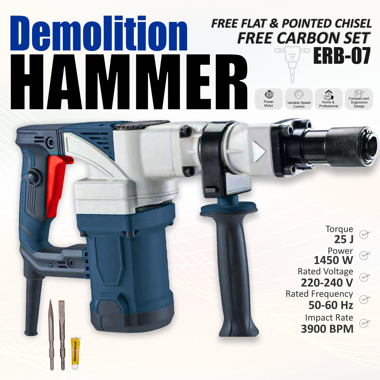 Demolition Hammer 7KG, 1450W,3900BPM ERB-07