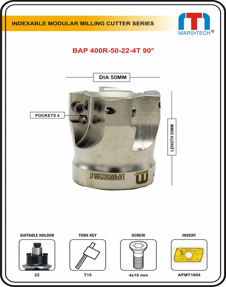 BAP400R-50-22-4T Face Milling Cutter Dia 50 Modular Type Suitable To APMT1604 Insert Bull Cutter - Jaibros