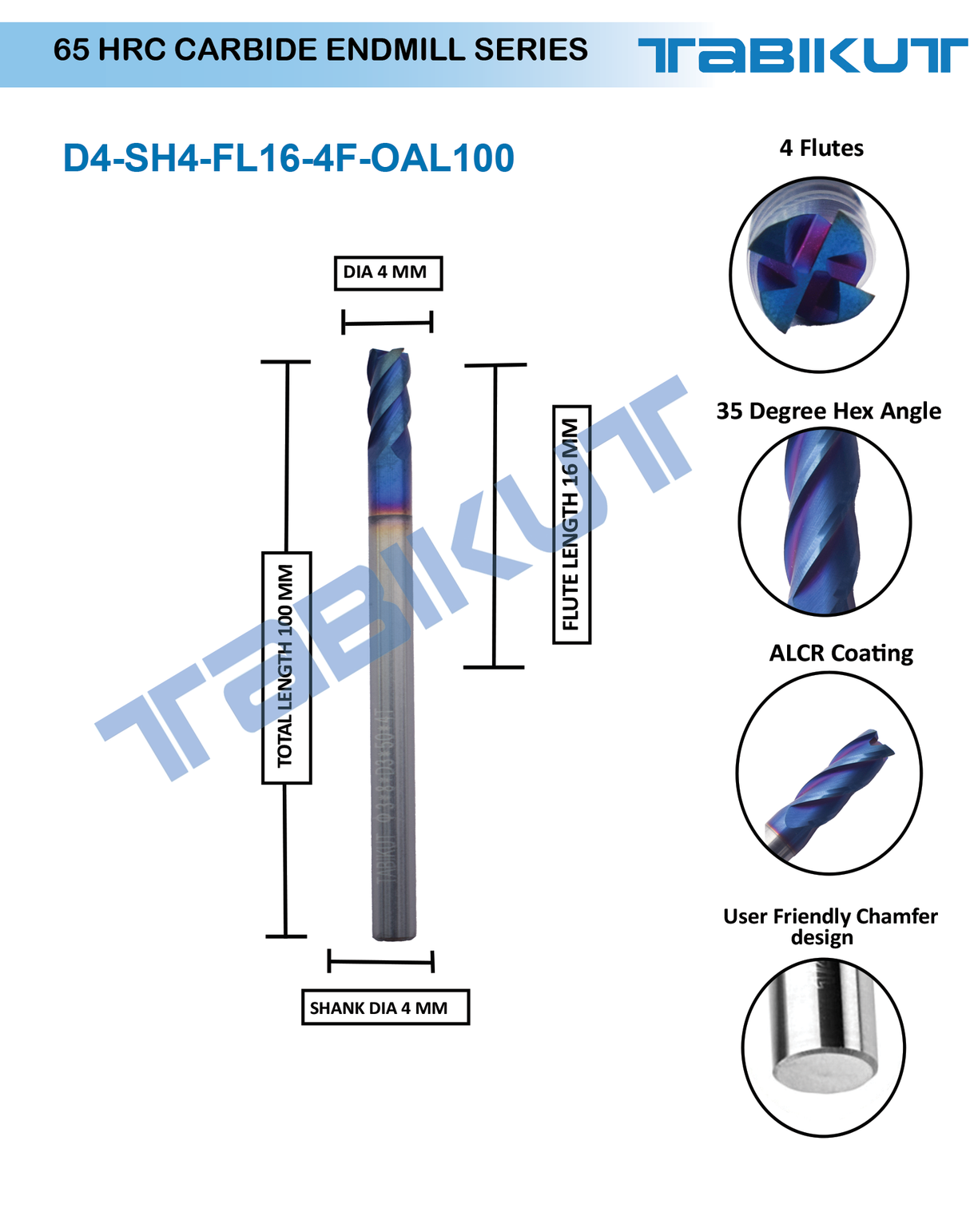 4 mm Carbide Endmill 50/75/100 LONG 65 HRC 4 Flutes PACK OF 1