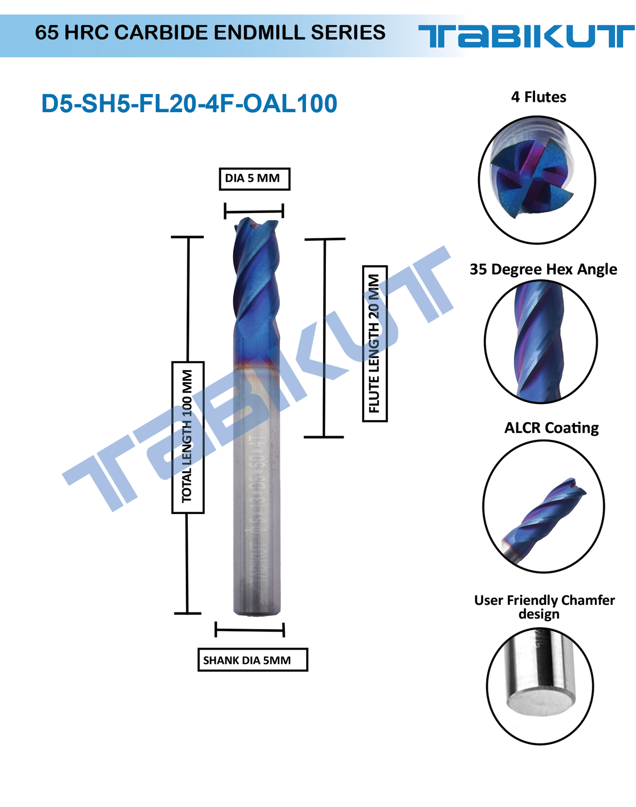 5 mm Carbide Endmill 65 HRC 4 Flutes PACK OF 1