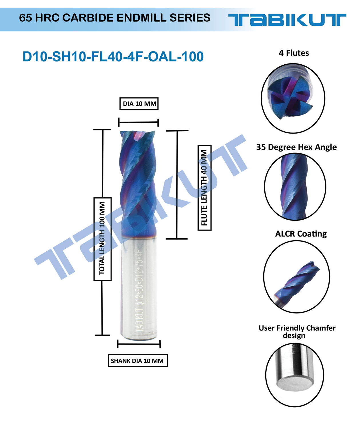 10 mm Carbide Endmill 65 HRC 4 Flutes LONG  PACK OF 1