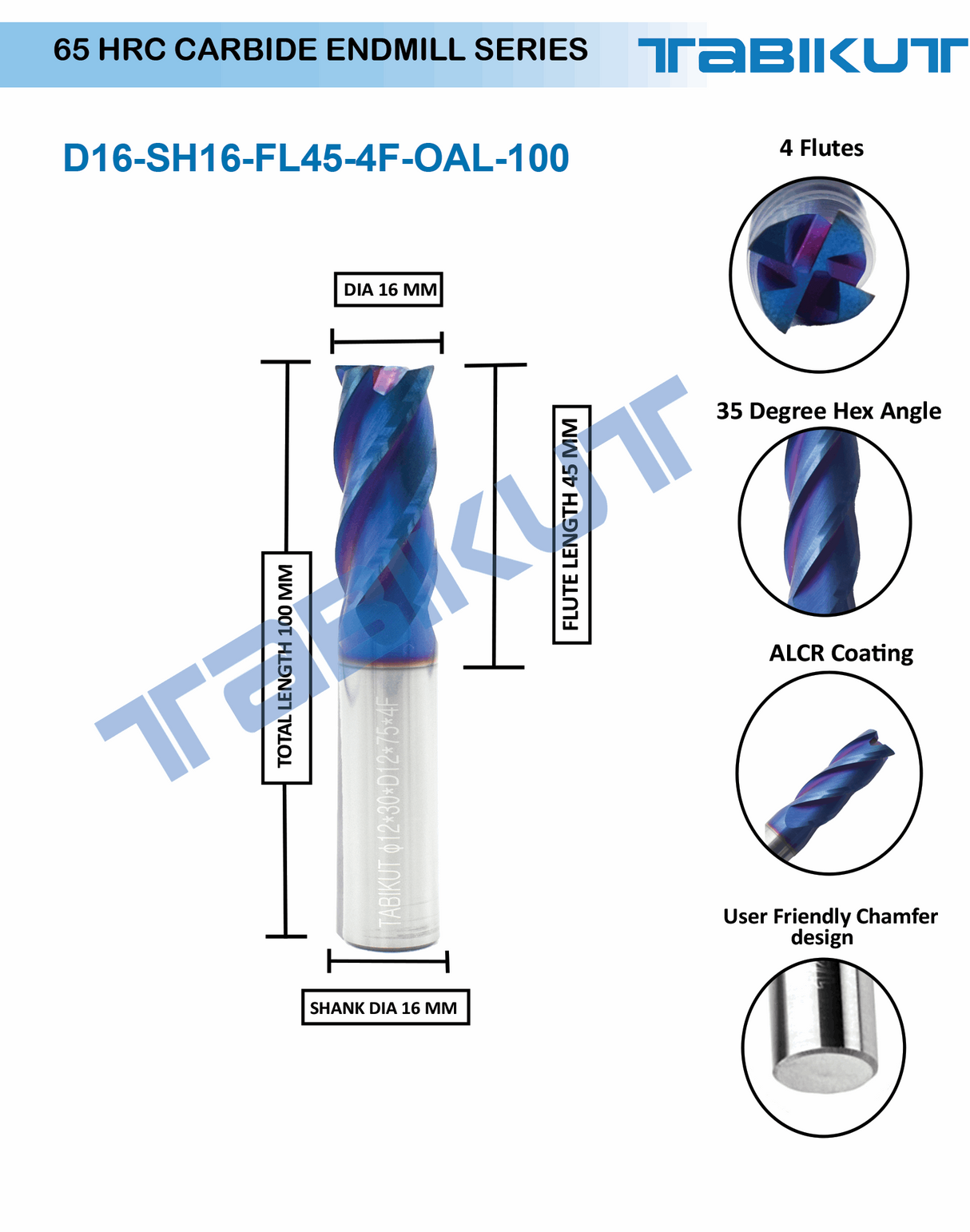 16 mm Carbide Endmill 65 HRC 4 Flutes LONG PACK OF 1