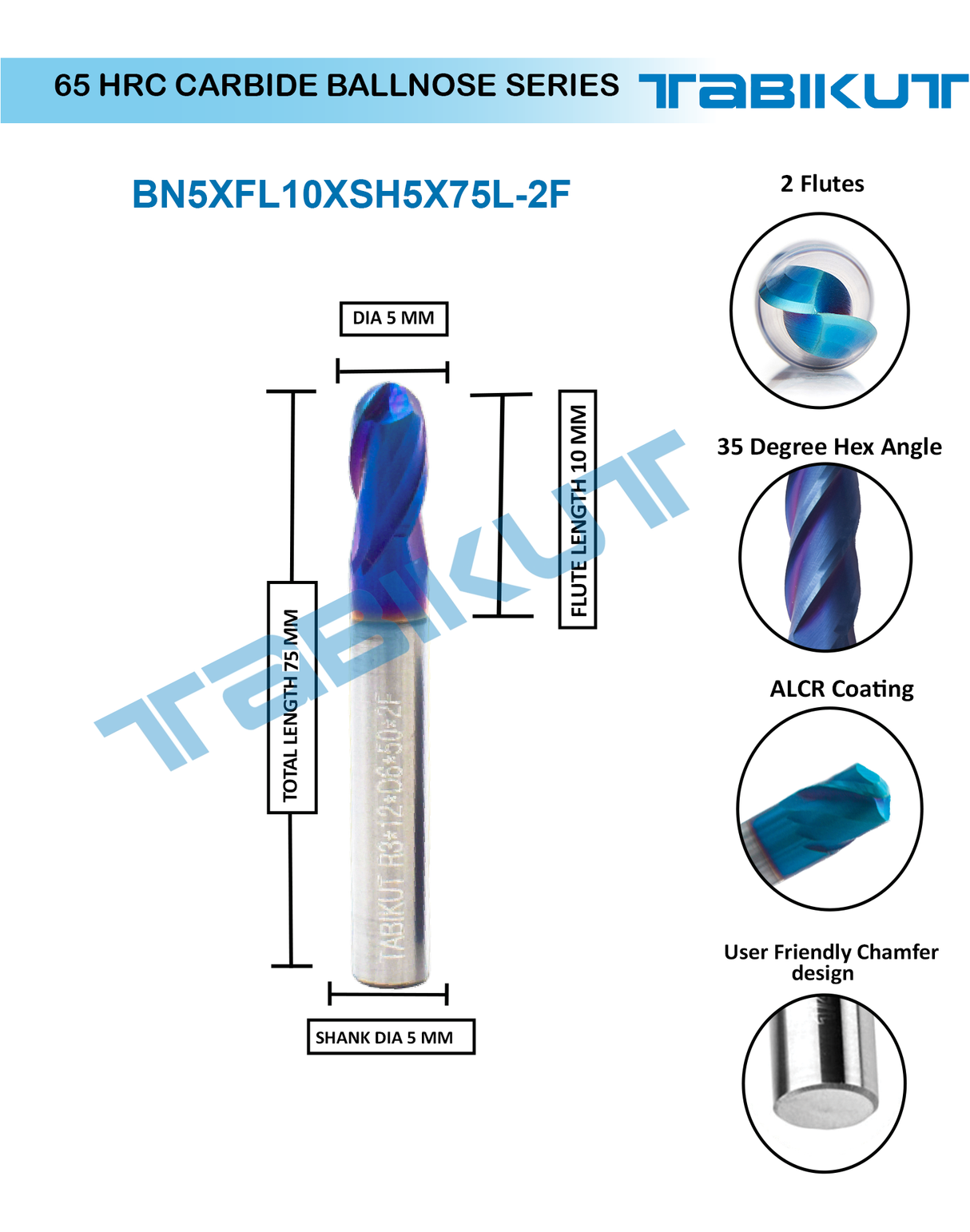 5 mm Carbide ballnose 65 HRC 2 Flutes PACK OF 1