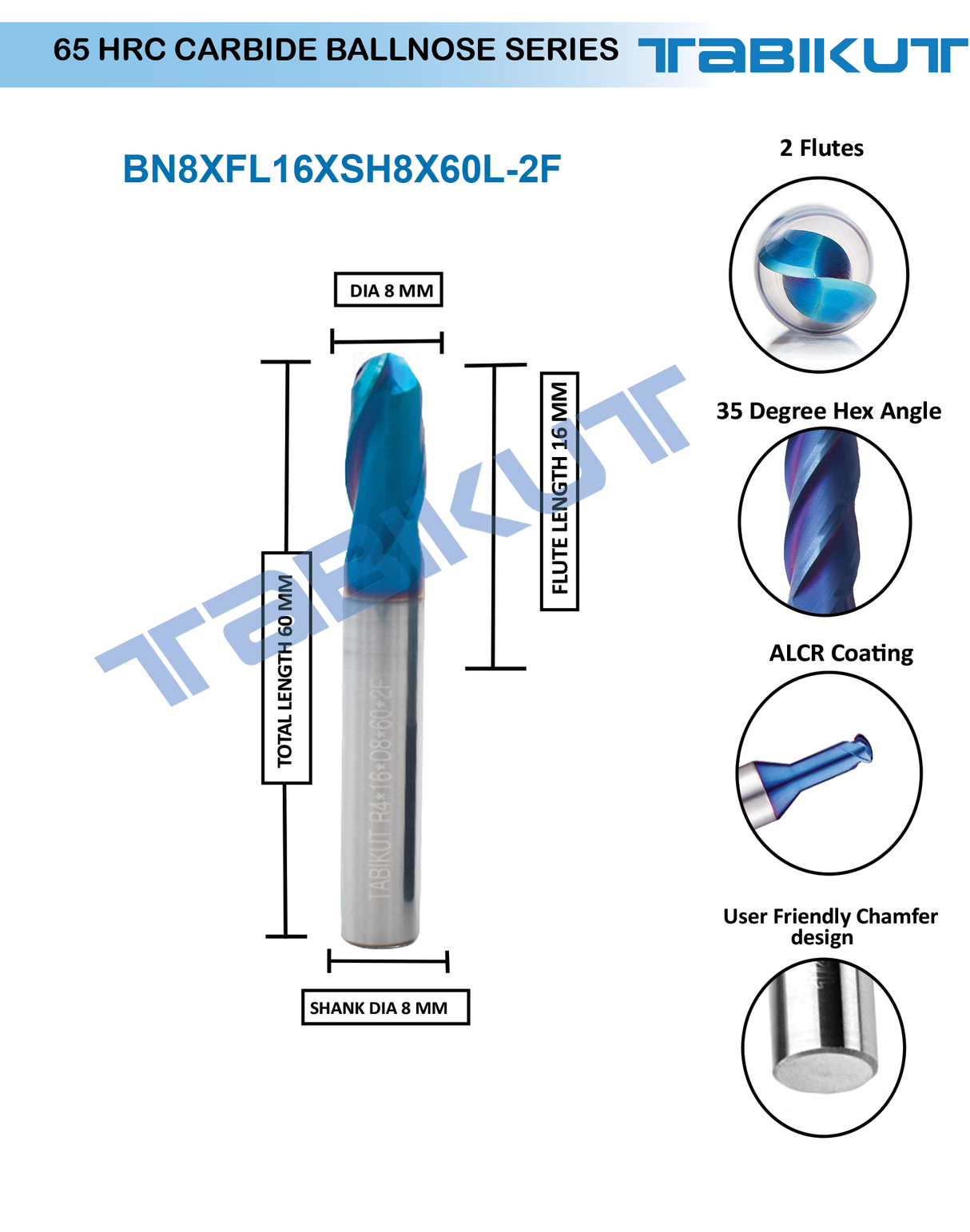 8 mm Carbide ballnose 65 HRC 2 Flutes PACK OF 1