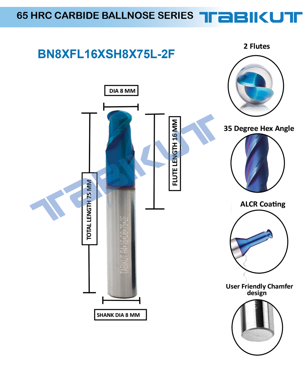 8 mm Carbide ballnose 65 HRC 2 Flutes PACK OF 1