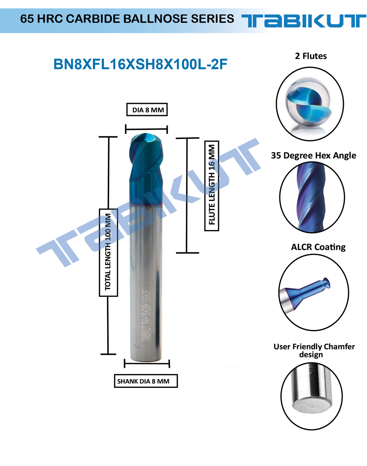 8 mm Carbide ballnose 65 HRC 2 Flutes PACK OF 1