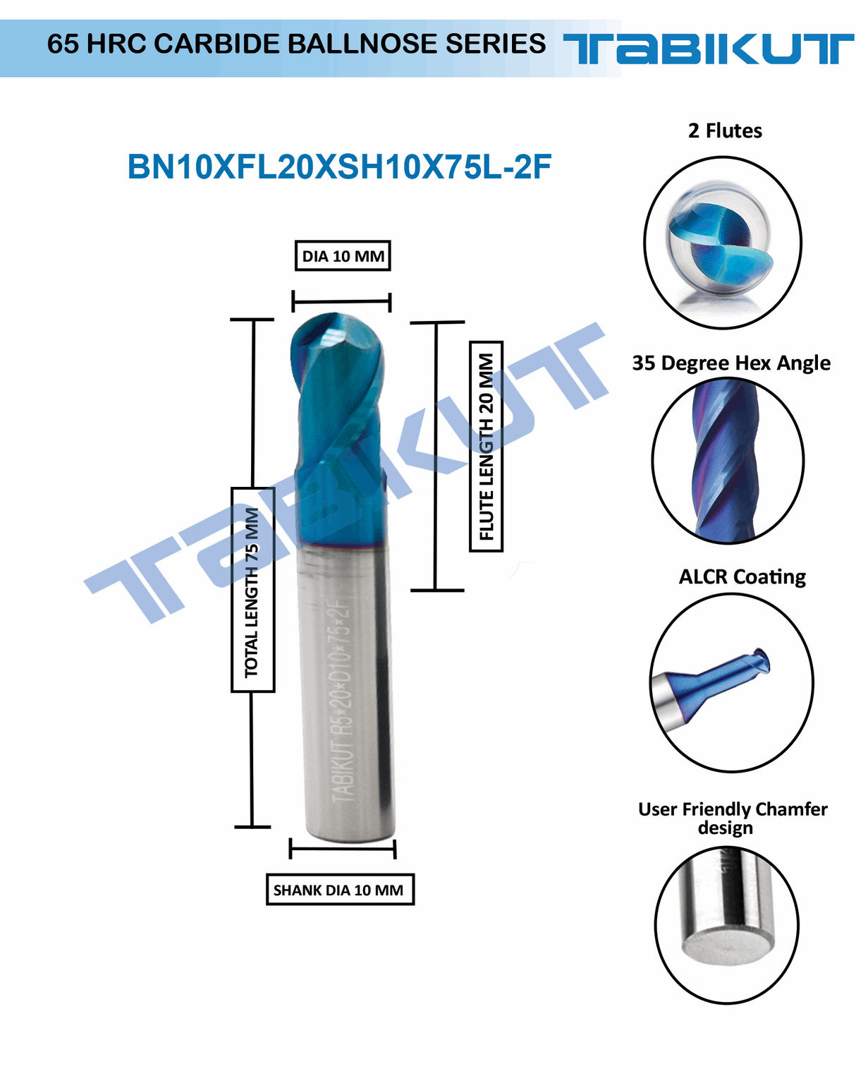 10 mm Carbide ballnose 65 HRC 2 Flutes PACK OF 1