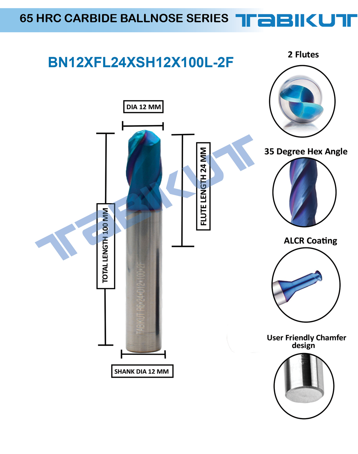 12 mm Carbide ballnose 65 HRC 2 Flutes PACK OF 1