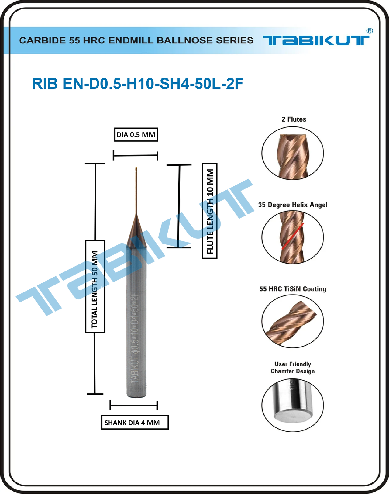 Rib Cutter endmill 0.5 mm- 4 flute 55 hrc pack of 1