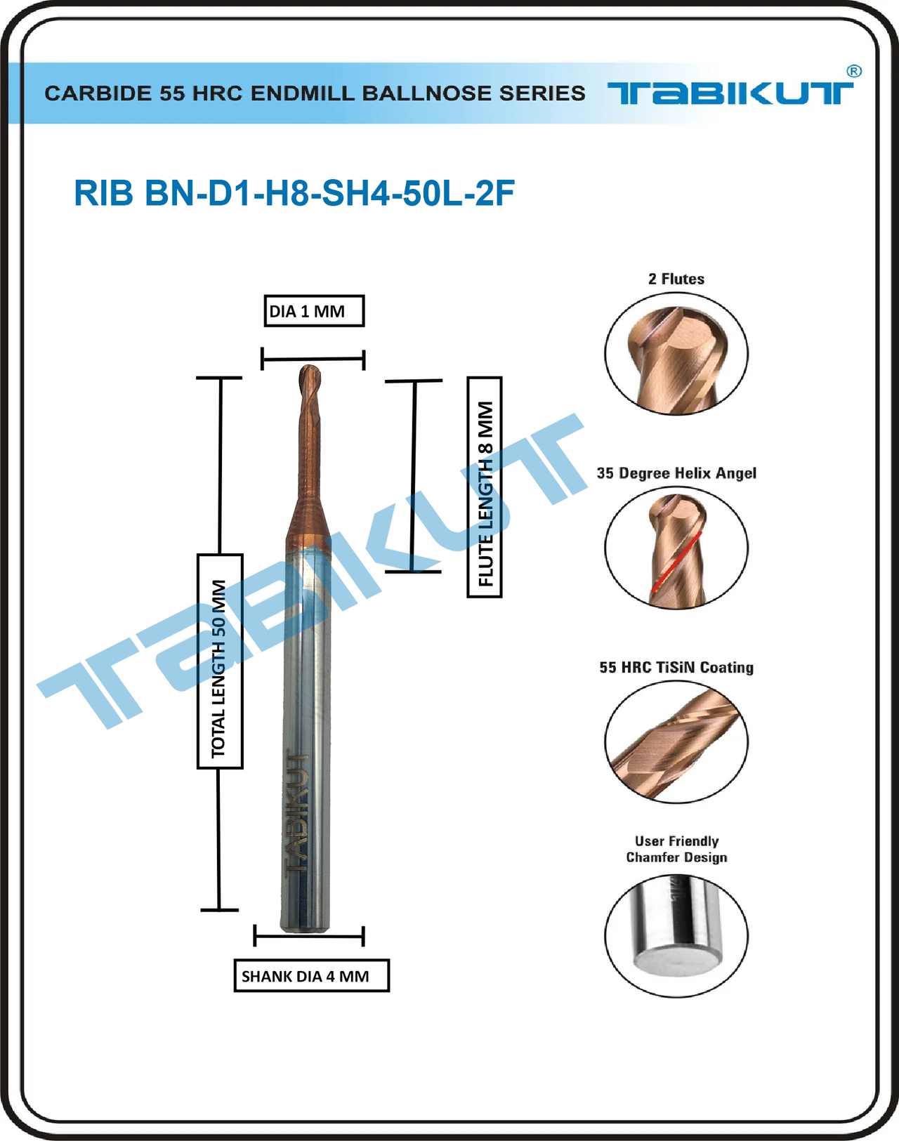Rib Cutter ballnose 1 mm- 2 flute 55 hrc pack of 1