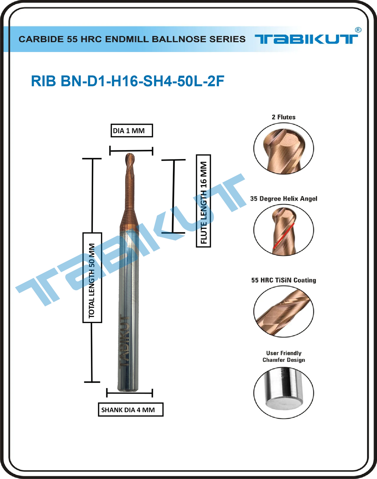 Rib Cutter ballnose 1 mm- 2 flute 55 hrc pack of 1