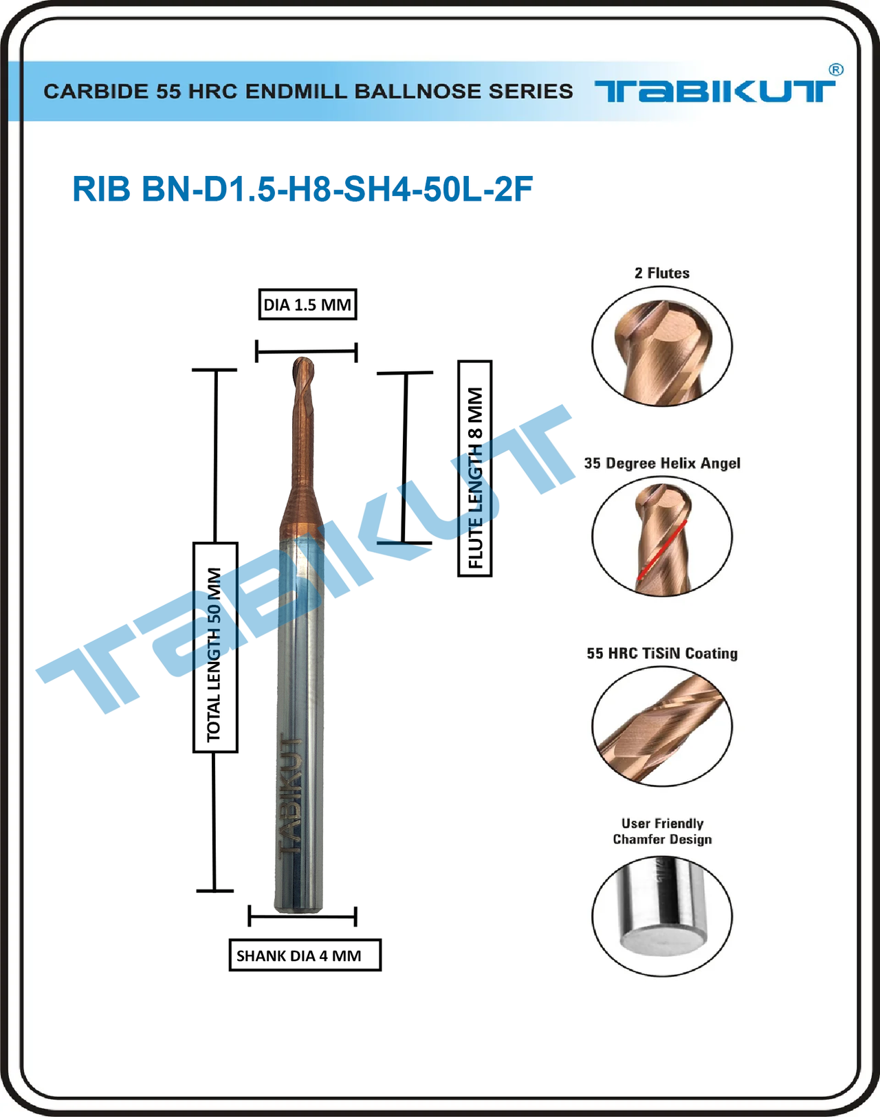 Rib Cutter ballnose 1.5 mm- 2 flute 55 hrc pack of 1