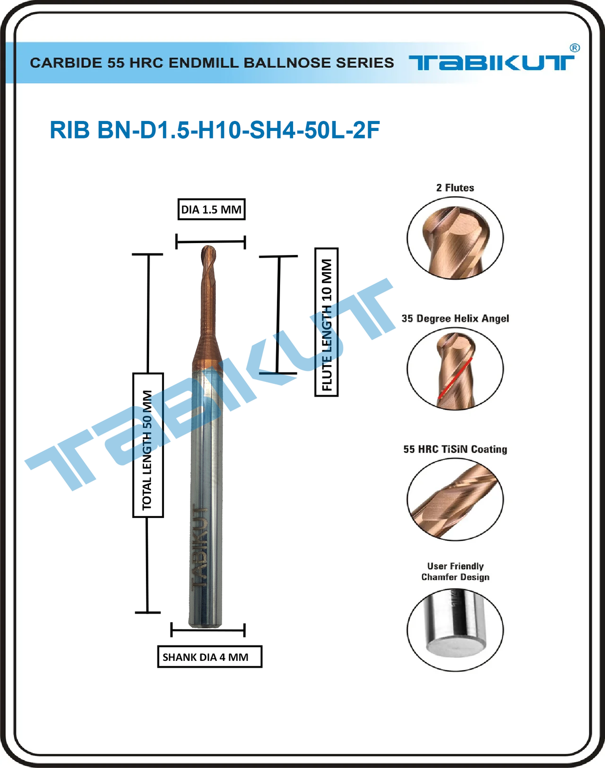 Rib Cutter ballnose 1.5 mm- 2 flute 55 hrc pack of 1