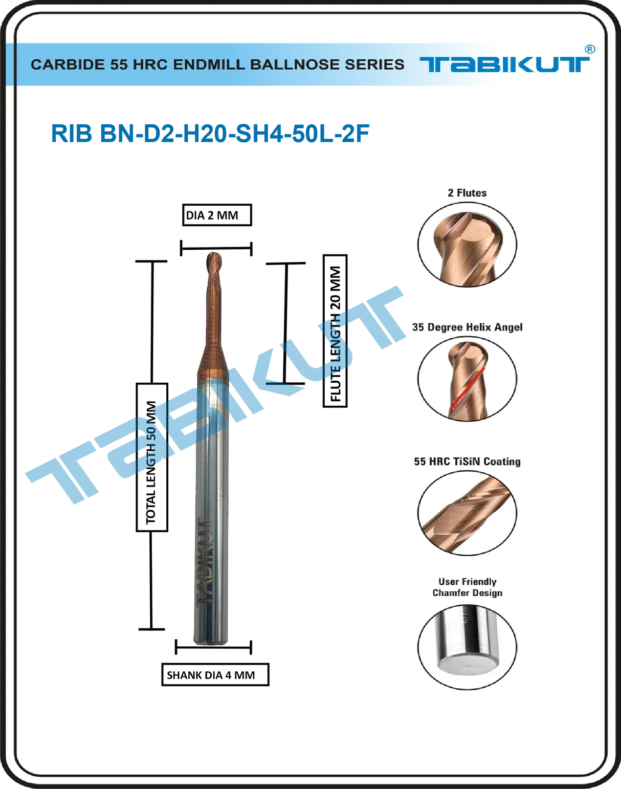 Rib Cutter ballnose 2 mm- 2 flute 55 hrc pack of 1