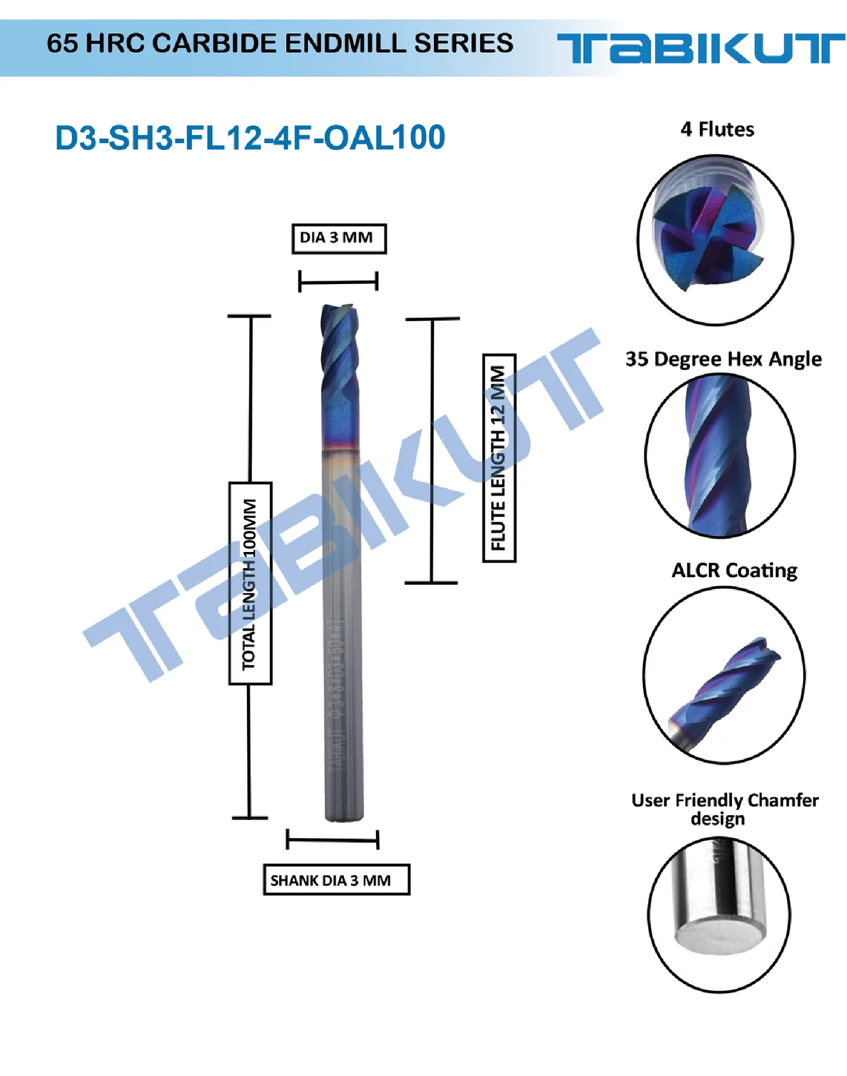 3 mm Carbide Endmill 65 HRC 4 Flutes PACK OF 1