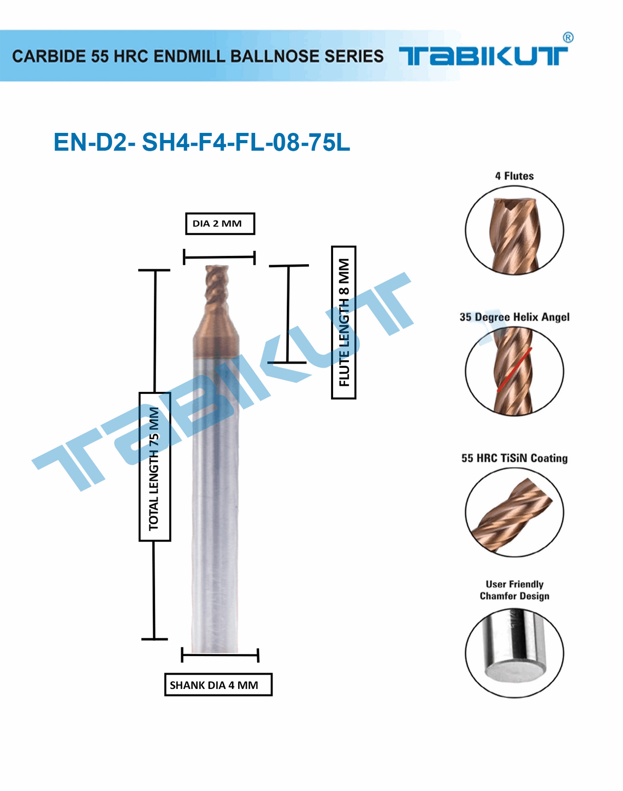 2mmx75mm long Carbide Endmill 55 HRC PACK OF 1