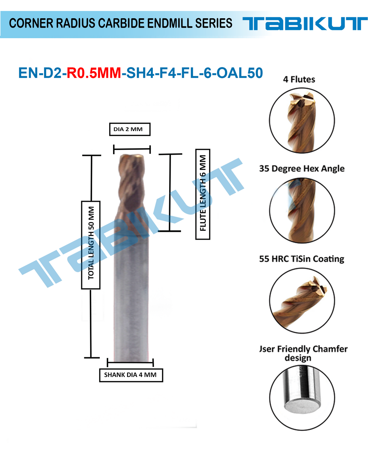 Corner Radius Endmill 2 mm in 0.5 mm radius pack of 1