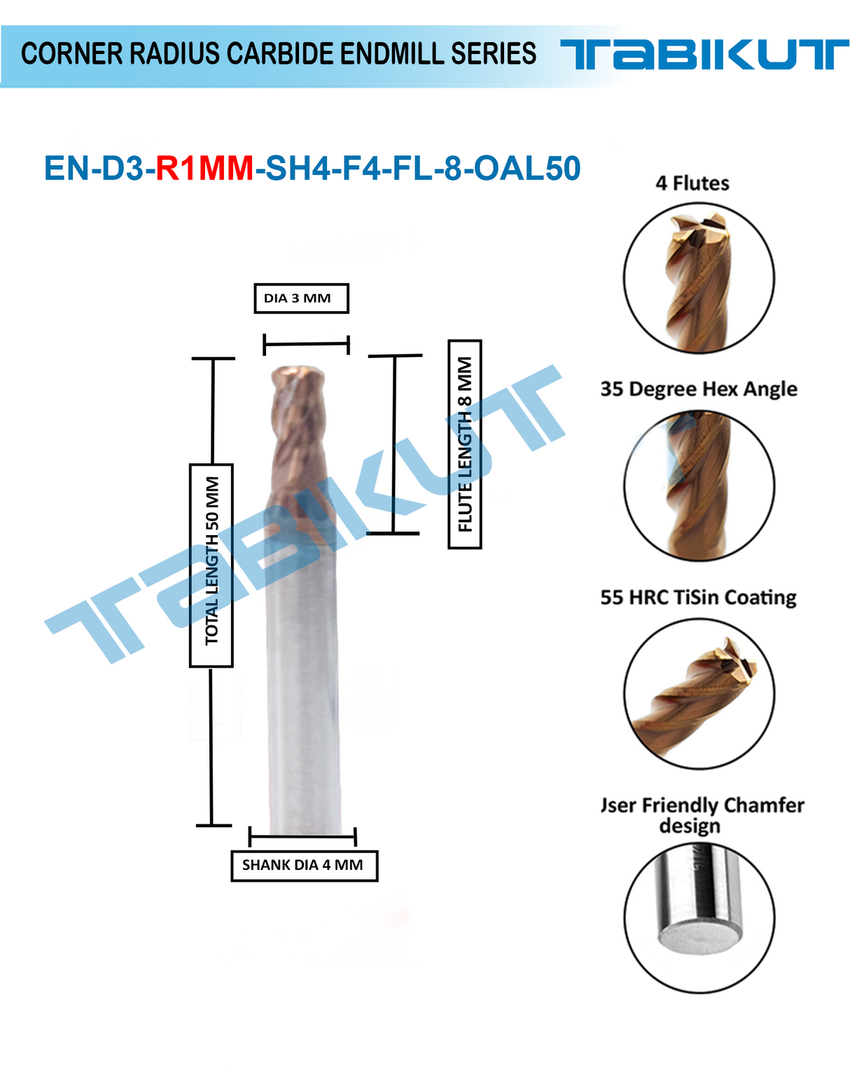 Corner Radius Endmill 3 mm in 0.5 and 1 mm radius pack of 1