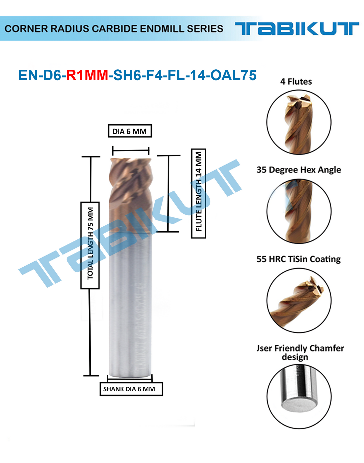 Corner Radius Endmill 6 mm in 0.5 and 1 mm radius pack of 1