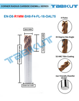 Corner Radius Endmill 8 mm in 0.5 and 1 mm radius pack of 1