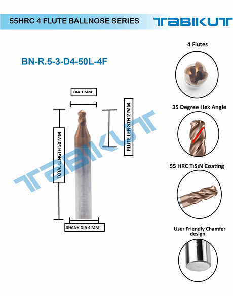 1 mm 4 flute Ballnose 55 hrc pack of 1