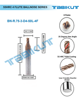 1.5 mm 4 flute Ballnose 55 hrc pack of 1