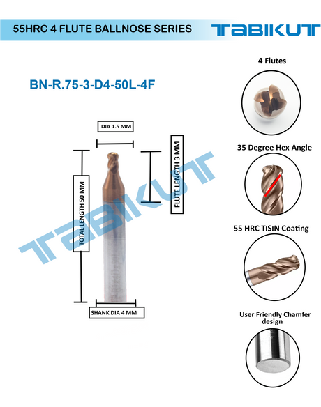 1.5 mm 4 flute Ballnose 55 hrc pack of 1