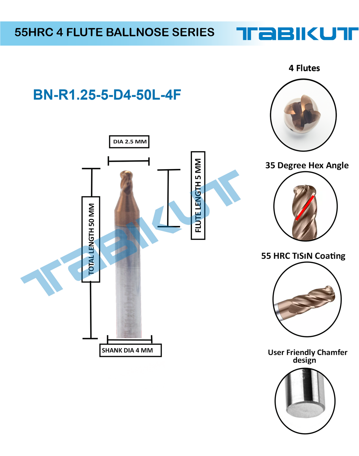 2.5 mm 4 flute Ballnose 55 hrc pack of 1