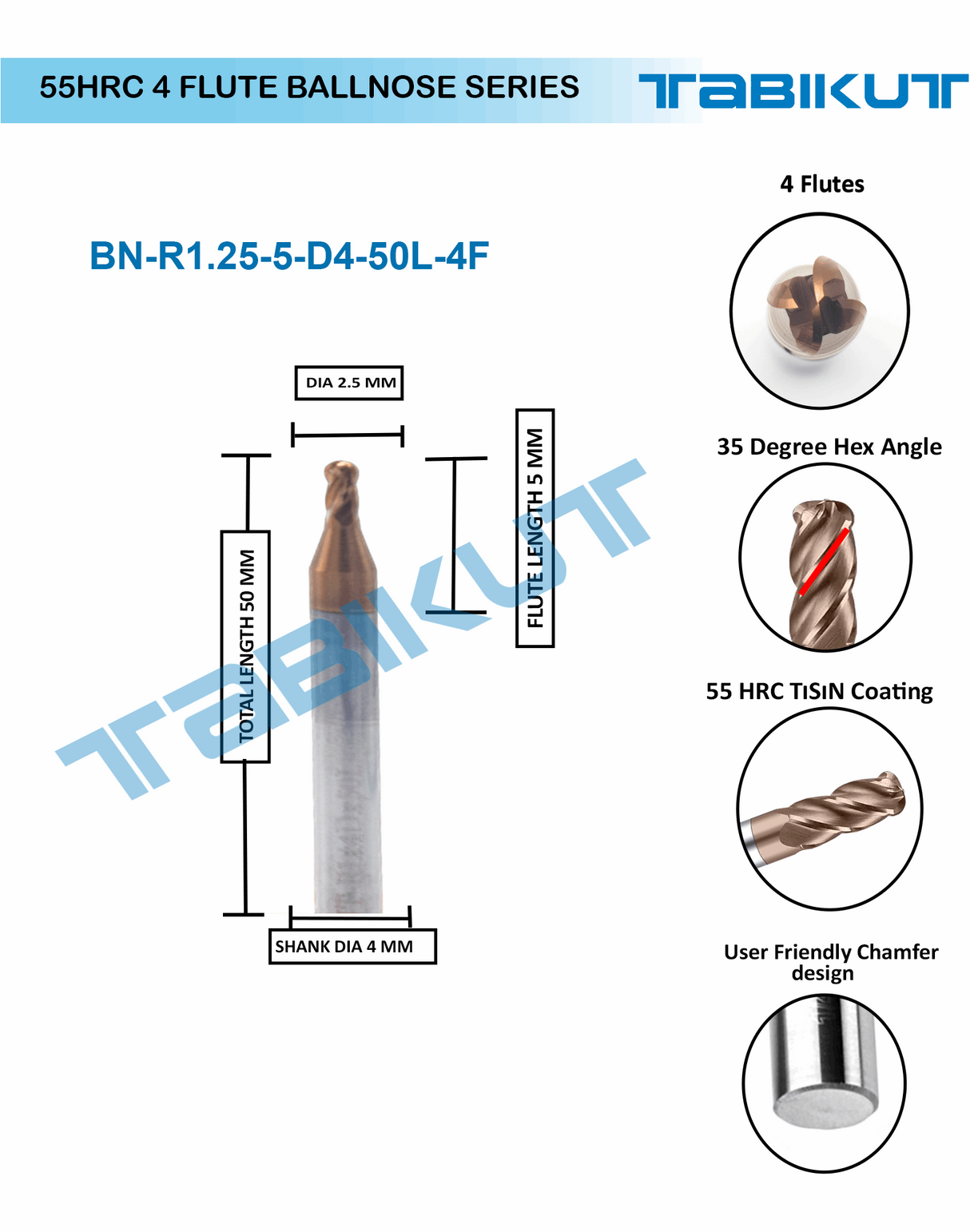 2.5 mm 4 flute Ballnose 55 hrc pack of 1