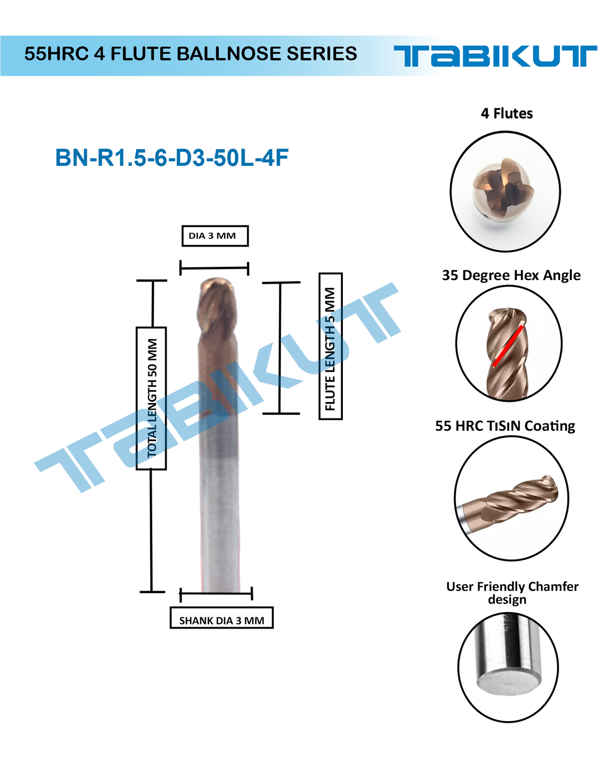 3 mm 4 flute Ballnose 55 hrc pack of 1