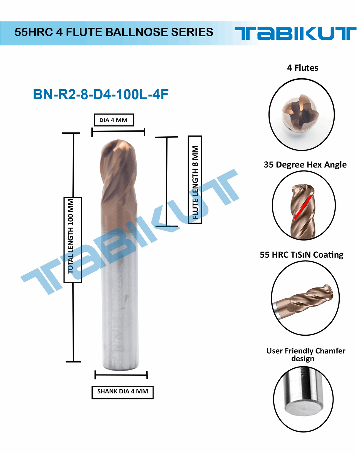 4 mm 4 flute Ballnose 55 hrc pack of 1