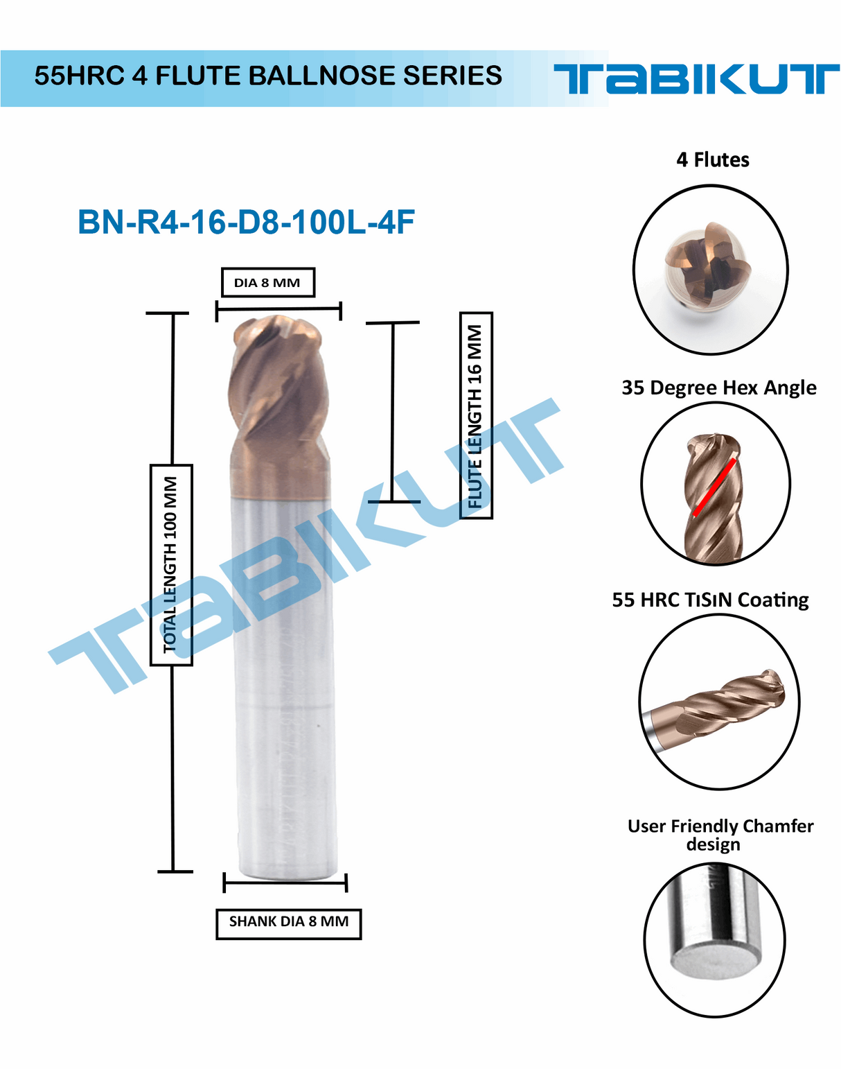 8 mm 4 flute Ballnose 55 hrc pack of 1