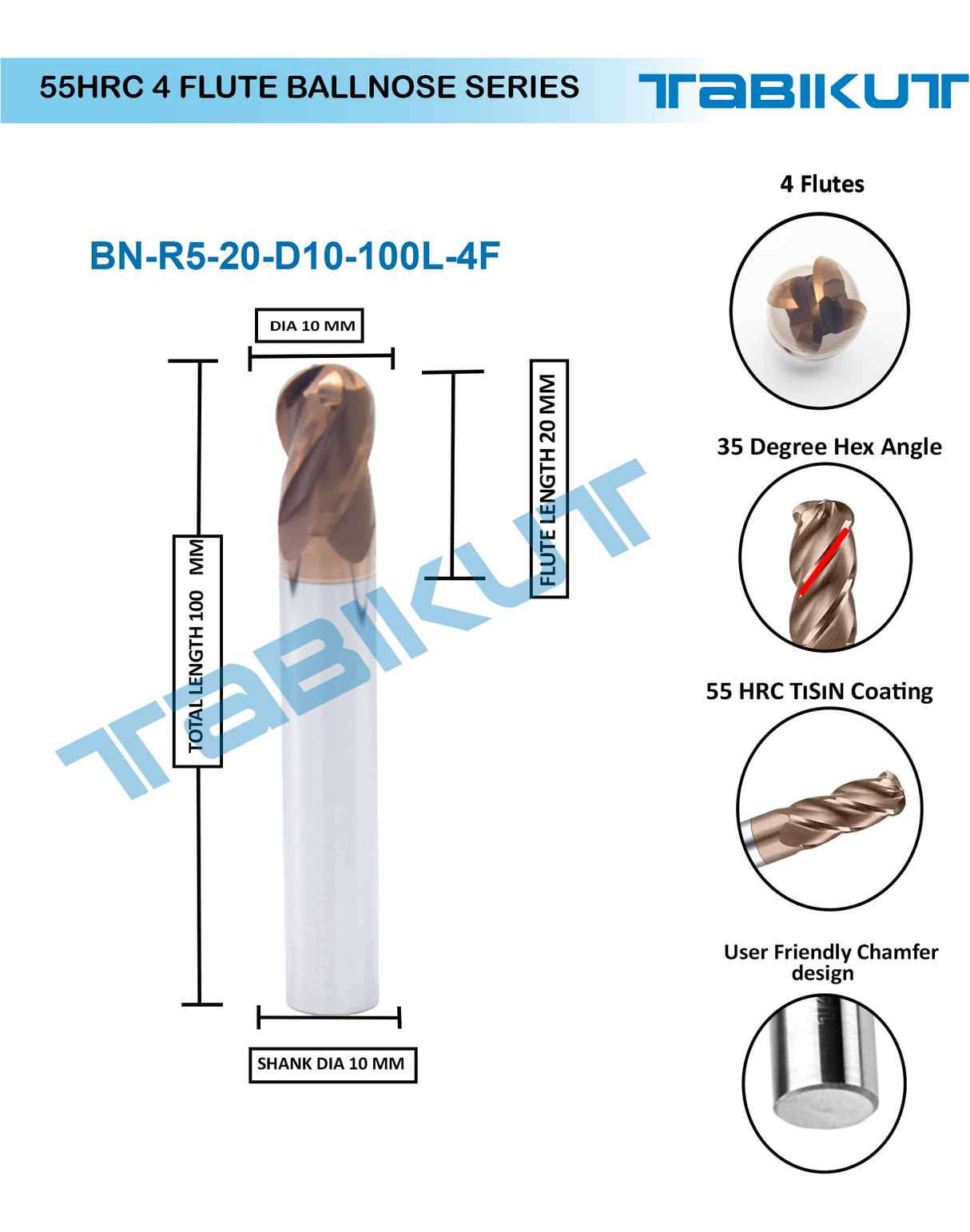 10 mm 4 flute Ballnose 55 hrc pack of 1