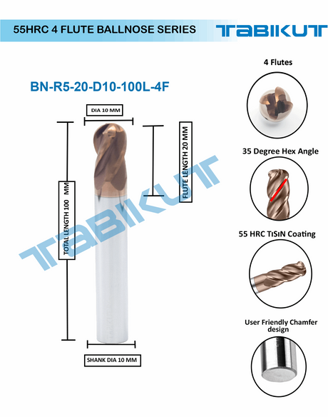 10 mm 4 flute Ballnose 55 hrc pack of 1