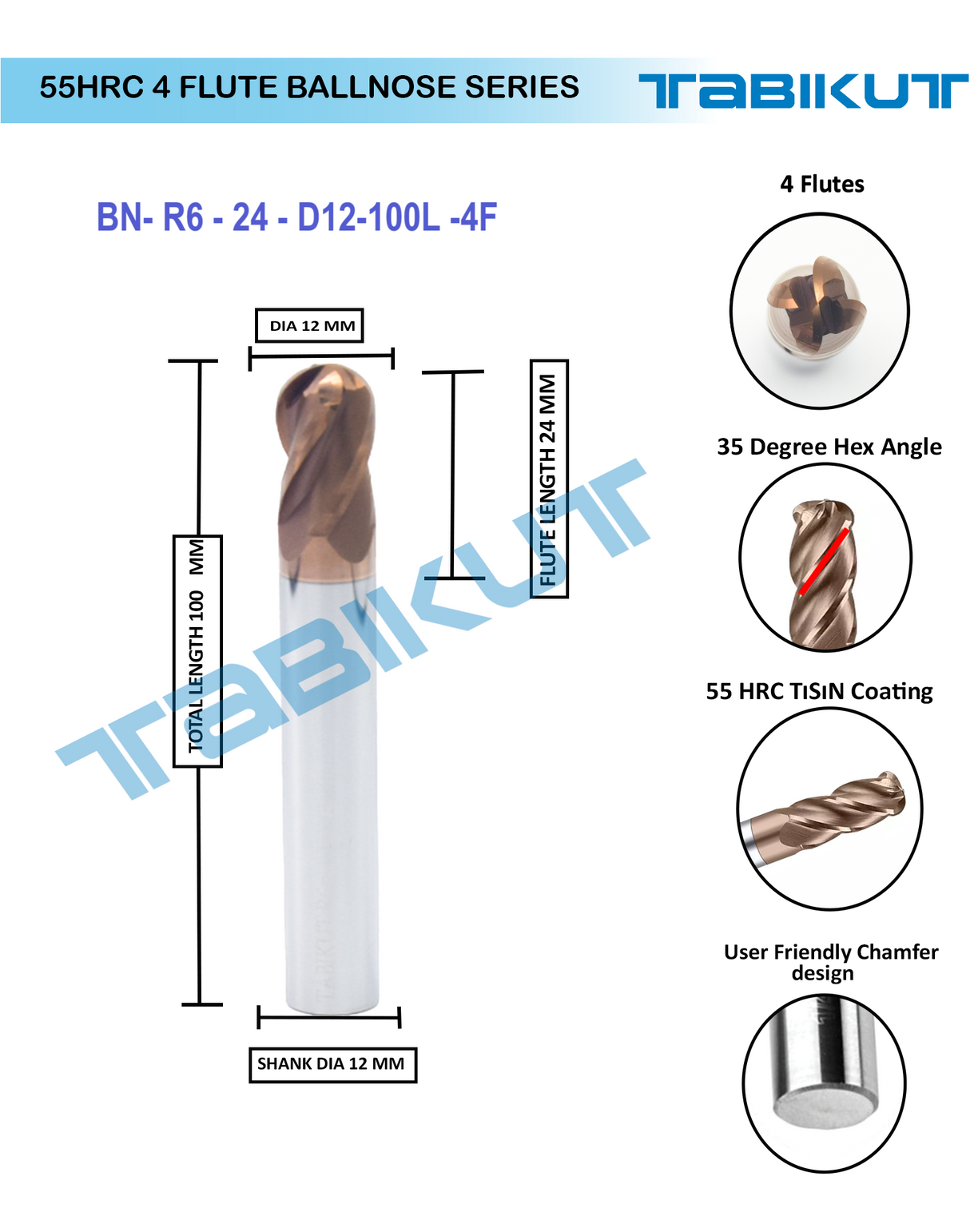 12 mm 4 flute Ballnose 55 hrc pack of 1