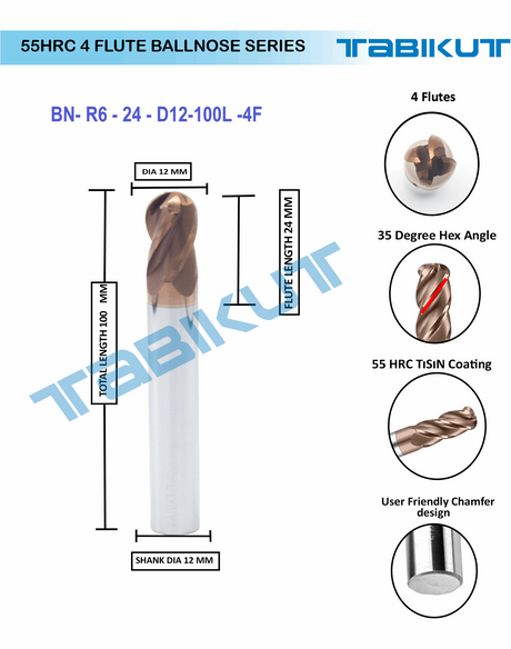 12 mm 4 flute Ballnose 55 hrc pack of 1