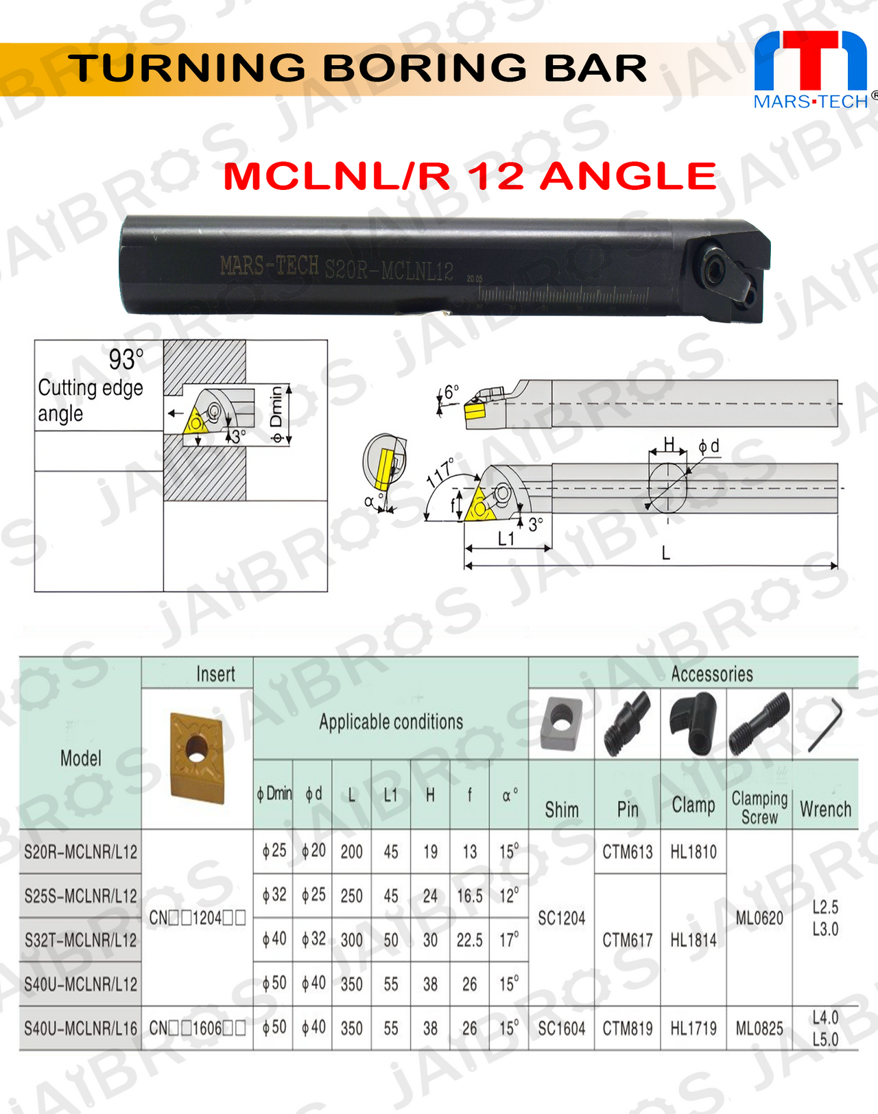 MCLNR/L CNMG1204 Boring Bar dia 16/20/25/32 pack of 1