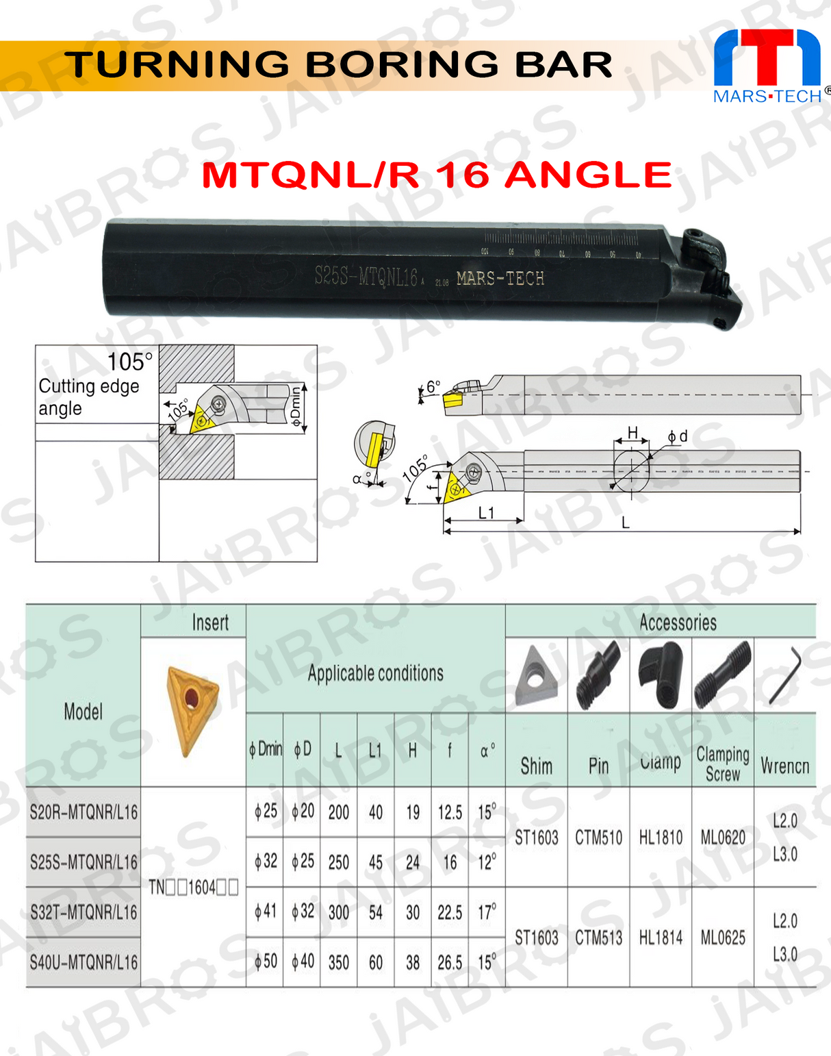 MTQNL/R TNMG1604 Boring Bar dia 16/20/25/32 pack of 1